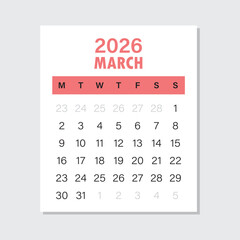 Calendar march 2026 icon in flat style. Planner vector illustration on isolated background. Calender sign business concept.