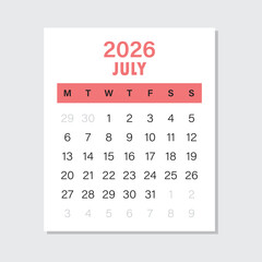 Calendar july 2026 icon in flat style. Planner vector illustration on isolated background. Calender sign business concept.