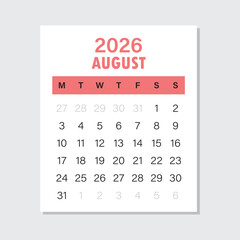 Calendar august 2026 icon in flat style. Planner vector illustration on isolated background. Calender sign business concept.