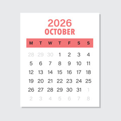 Calendar october 2026 icon in flat style. Planner vector illustration on isolated background. Calender sign business concept.