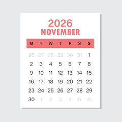 Calendar november 2026 icon in flat style. Planner vector illustration on isolated background. Calender sign business concept.