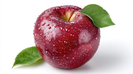 A Still Life Photography of a Fresh Red Apple With Water Droplets and Green Leaves on a White Background