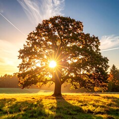 Large tree, bathed in sunlight, with sunburst effect in a field