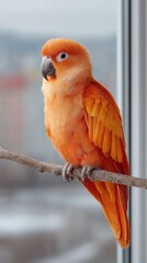 A Vibrant Orange Parrot Perched on a Branch Against a Blurred Winter Urban Background with Soft Natural Light