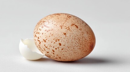 A Whole White Egg with Brown Speckles Sits Next to a Cracked Eggshell Piece on a Light Gray Textured Surface With Soft Studio Lighting Overhead