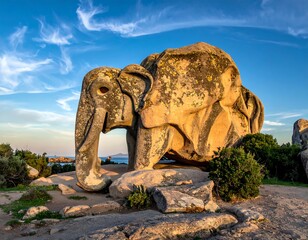 Large, weathered rock formation shaped like an elephant, scenic ocean view