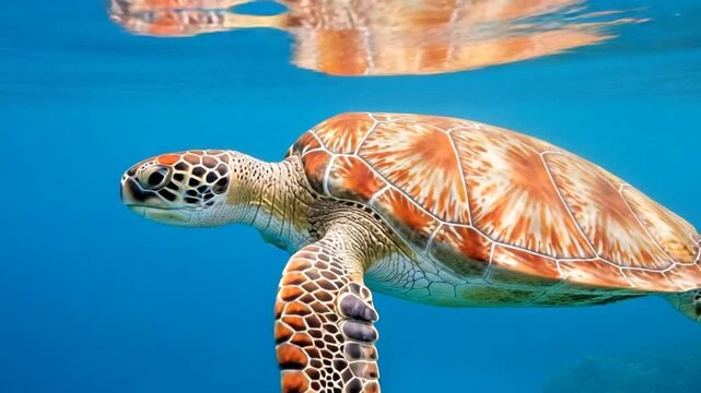 A graceful sea turtle gliding through crystal-clear waters, with vibrant coral reefs in the background