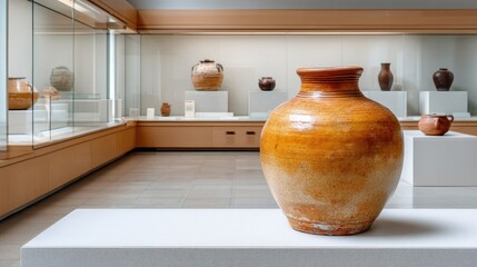 Ancient Earthenware Pot Displayed in a Museum Exhibition Case with Soft Lighting and Other Pottery in the Background