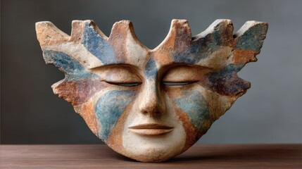Ancient Ceramic Mask Fragment With Closed Eyes And Tribal Markings Displayed On A Wooden Surface Against A Soft Gray Background