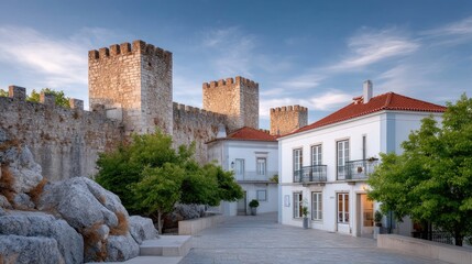Ancient Stone Fortified Hilltop Bastion Structure Under Clear Daylight Sky with White Buildings and Green Trees