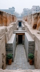 Ancient Terracotta Army excavation site with stone pathways and brick walls leading to dark entrances under an overcast sky in China