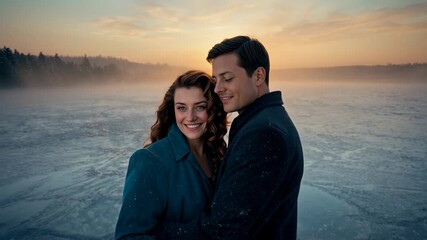 Panning camera revealing couple embracing in teal coat on frozen lake at sunset with snowflakes - Powered by Adobe
