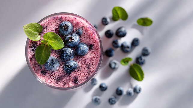 A refreshing blueberry smoothie topped with fresh blueberries and mint leaves, surrounded by scattered blueberries on a white surface.