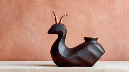Antique Dark Brown Ceramic Animal Shaped Vase With Golden Antlers On A Textured Surface With Peach Colored Wall In The Background