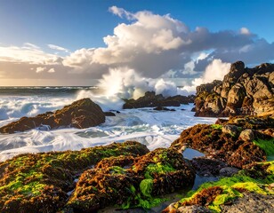 Crashing waves hit rocky coastline under a bright blue sky