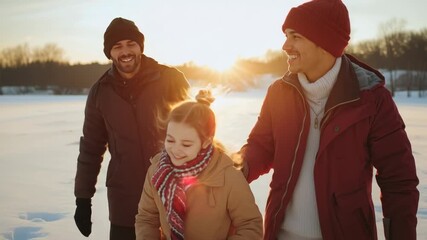 Walking family group crossing frozen lake at sunset as sun lowering, with striped scarf, knit hats - Powered by Adobe
