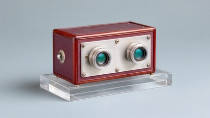 Antique Twin Lens Stereoscope Viewer with Ornate Red Casing and Silver Face Displaying Green Lenses on a Clear Acrylic Stand with a Neutral Gray Background
