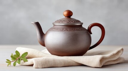 Antique Silver Teapot With Wooden Handle And Knob Rests On A Textured Napkin With Green Foliage Accents Studio Lighting
