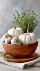 Arrangement of small white pumpkins and garlic bulbs in a textured wooden bowl with fresh green herbs and a soft grey background