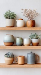 Array Of Rustic Ceramic Pots Holding Various Succulents And Greenery Arranged On Wooden Shelves Against A Textured White Wall