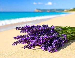 Lavender bouquet on sandy beach with azure ocean backdrop