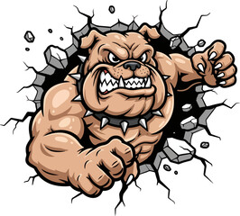Aggressive bulldog mascot breaking through wall