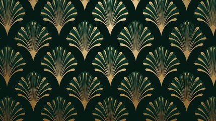 Art Deco inspired seamless repeating pattern with symmetrical gold fan shapes on dark green background, elegant and glamorous design for luxury wallpaper or fabric.