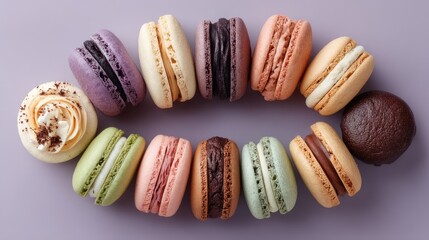 Artistic Arrangement of Assorted Colorful Macarons in a Circle on a Soft Lavender Studio Background with Natural Lighting and Subtle Sprinkles