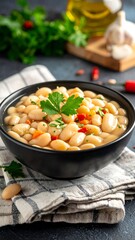Hearty bean stew with peppers and herbs in a black bowl