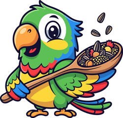 Cute parrot mascot holding a spoon and bird seeds