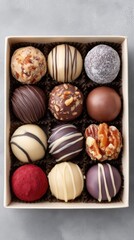 Assorted Luxury Chocolates Boxed Ready for Gifting or Enjoyment With Various Toppings and Textures Over Textured Background