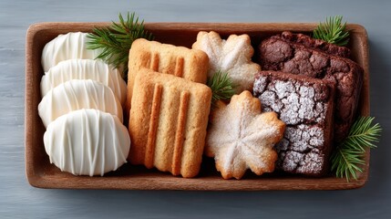 Assorted baked treats including white iced cookies fluted shortbread and dusted brownies with festive greenery arranged in a rectangular platter on a textured gray surface