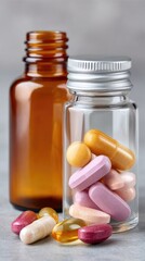 Assorted Medicine Capsules and Tablets in Clear and Amber Glass Bottles on Gray Surface Studio Still Life