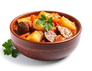 Hearty stew with sausage, potatoes, and carrots in a ceramic bowl, parsley garnish