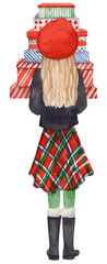 Watercolor girl carrying stack of christmas gifts on transparent background.