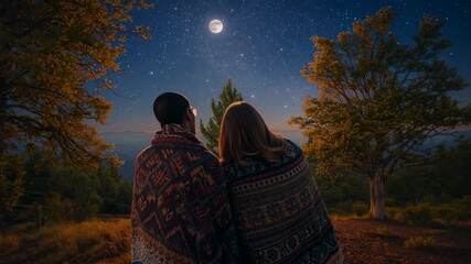 Noticing full moon glow, couple wrapping blankets on wooded hilltop then leaning heads sharing bond - Powered by Adobe