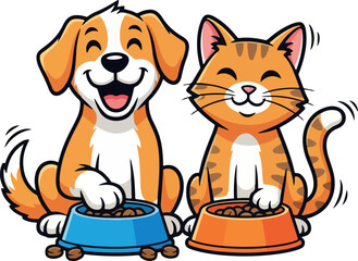 Friendly dog and cat mascot duo sitting together with pet food bowls