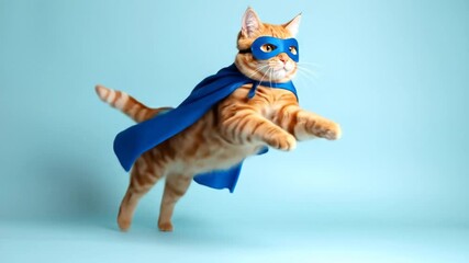 Ginger cat in a blue cape and mask