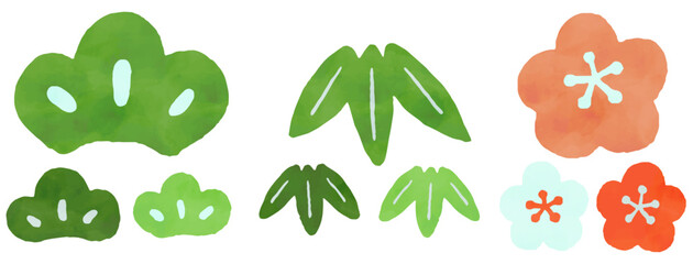 松竹梅の水彩風手描きイラストセット