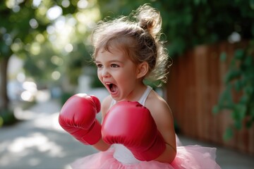 Caucasian young girl in pink tutu and red boxing gloves outdoors
