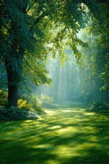 Fototapeta premium Sunlight Streaming Through Lush Green Forest Canopy Creates Magical Atmosphere
