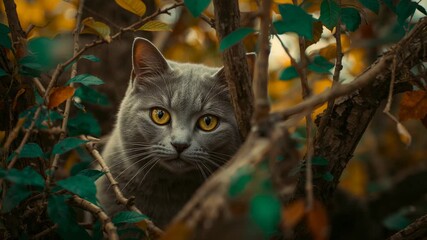 Hearing faint rustling, grey cat pushing aside twigs and scanning backyard bush amid autumn leaves - Powered by Adobe