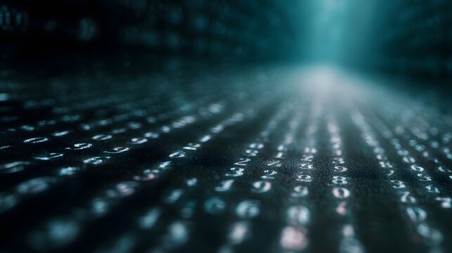 Abstract digital tunnel of glowing numbers and code streaming into a bright misty light