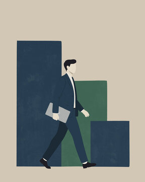 Businessman walking in front of growth bar chart representing career success