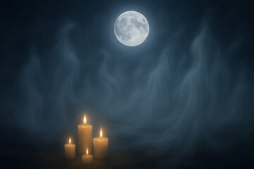All Saints Day Full Moon with Ethereal Light Forms and Candles