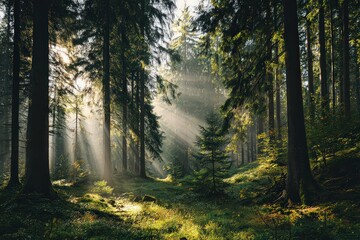Obraz premium Sunlight Through Dark Green Forest Trees with Golden Dust Particles and Mist in a Lush Undergrowth Creating a Warm Atmospheric Woodland Scene