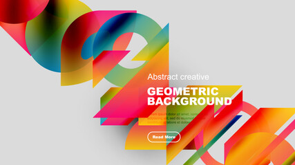 Dynamic colorful shapes overlap black background. Modern design features vibrant gradients, text box, button. Abstract composition creates visual interest.