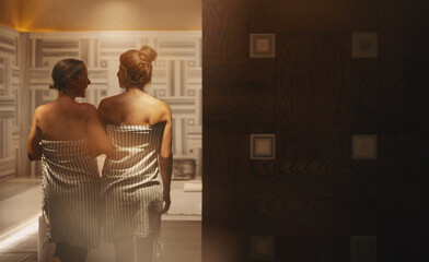 Mature woman and young woman entering a luxury hammam spa together, wrapped in towels, sharing a moment of relaxation and bonding