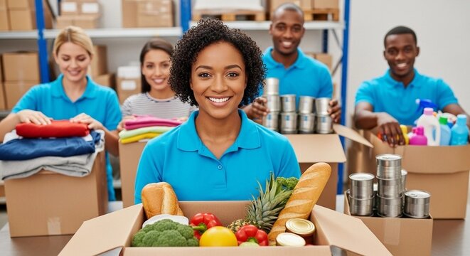 Group people volunteers holds box with donated food, clothes, and hygiene items. Charity and humanitarian assistance. Social support and community help concept - Powered by Adobe