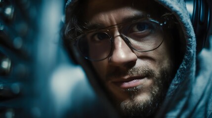 Intense close up of a man wearing glasses and headphones focused in a dark technical environment
